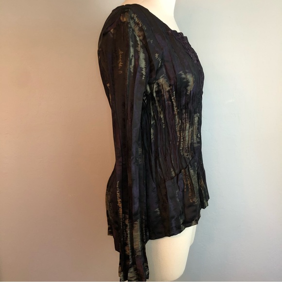 Babette Pleated Crinkle Long Sleeve Dark Purple &Black Square Neck Top Petite - Picture 4 of 15
